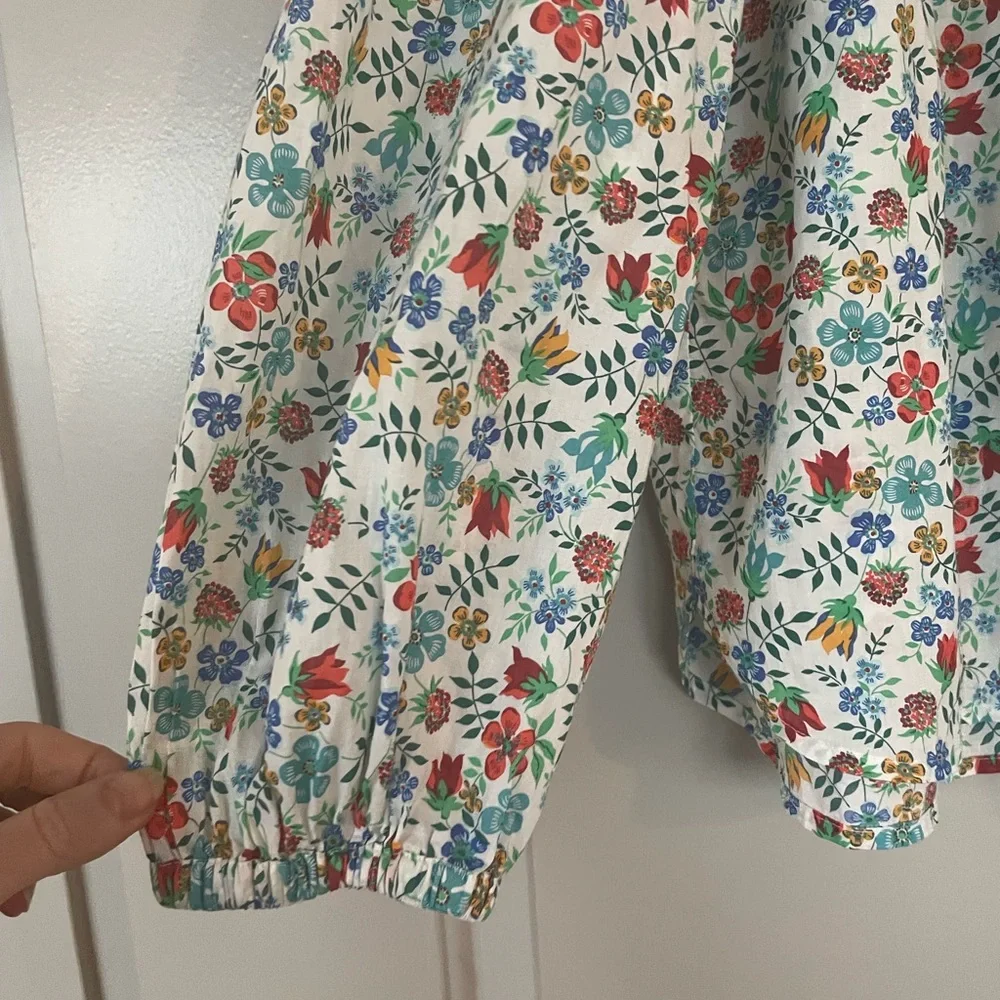 J. Crew Off-Shoulder Floral Blouse in Light Blue with Multi-Color Print
